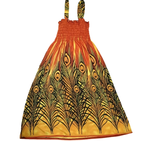 Dresses & Skirts - Vibrant Orange Maxi Dress with Peacock Pattern